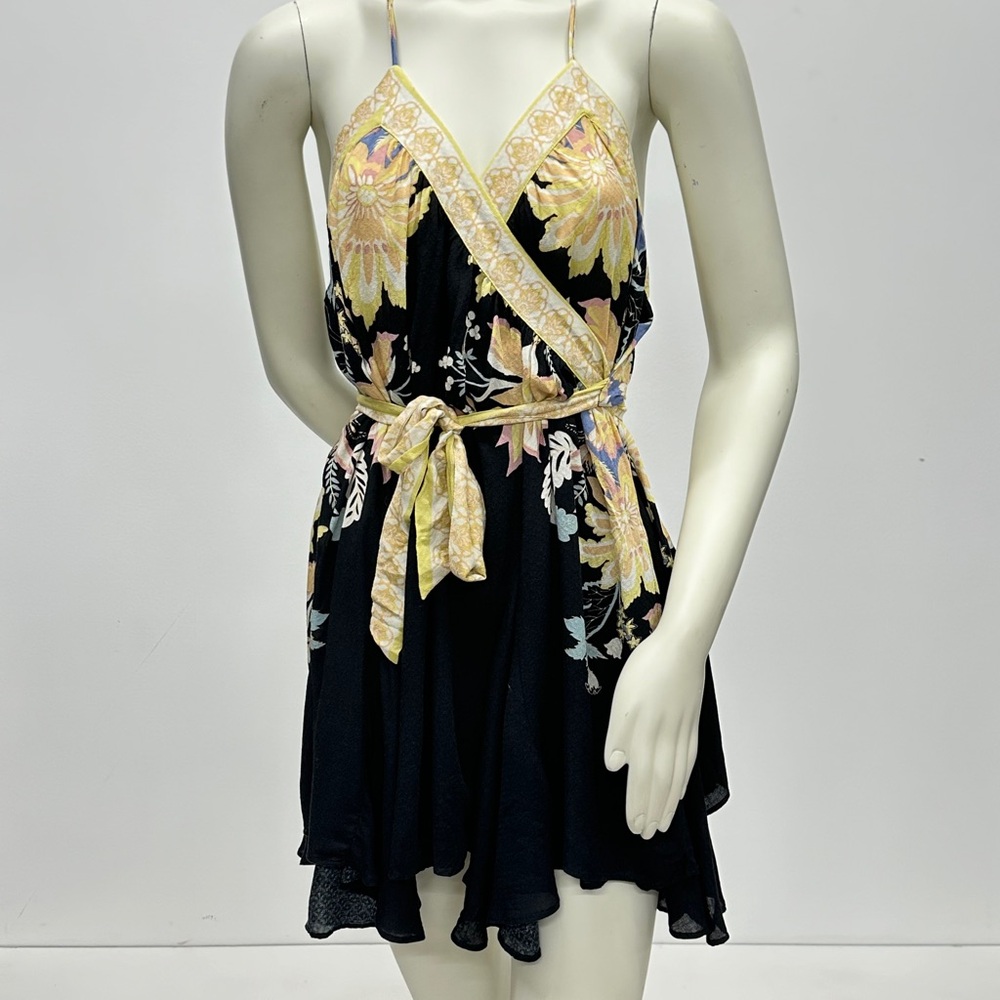 Free People Black and Yellow Tiered Bustier Mini Dress